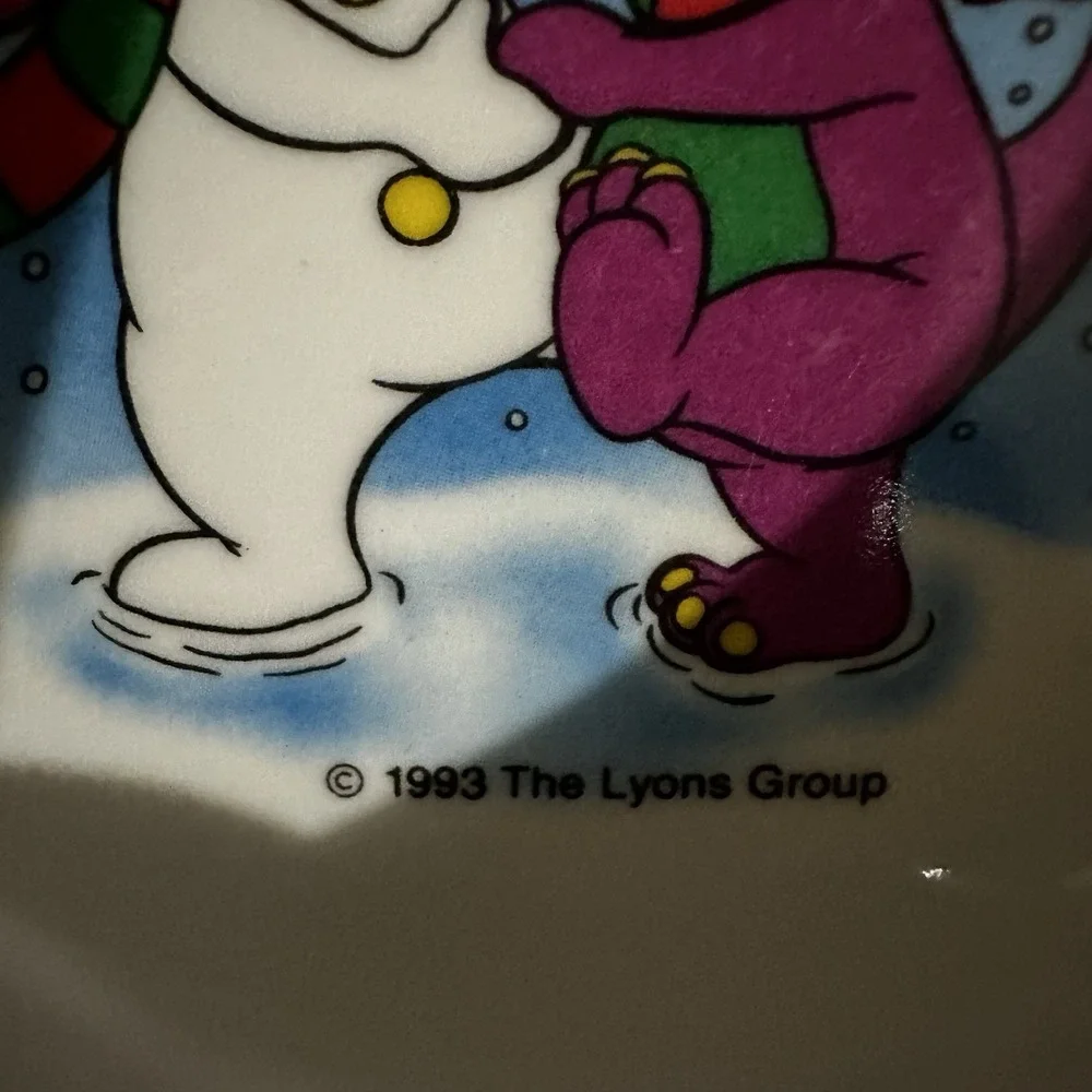 Barney Dinosaur Plate and Bowl 1993 Snowman‎ Snow Winter Loves to Play Vintage